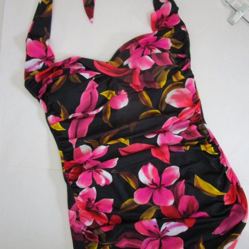 Retro One Piece Shirred Swimsuit Tropical Fuchsia Pink Black